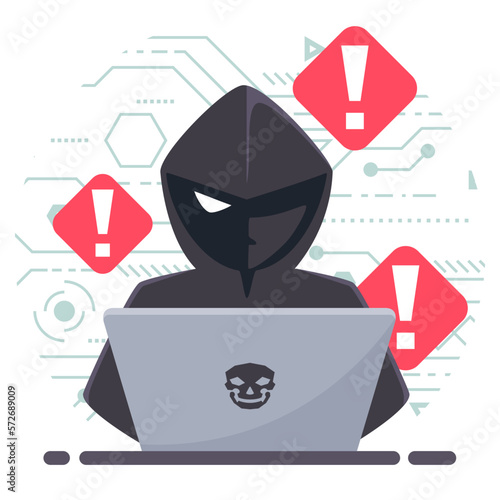 Thief Hacker attacks web security by laptop. fraud scam and steal private data on devices. vector illustration flat design for cyber criminal awareness concept.