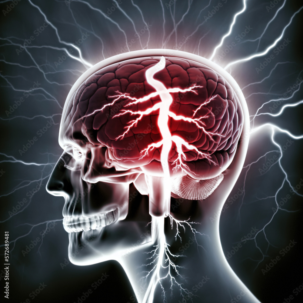 Xray of human skull showing a lightning bolt migraine headache by