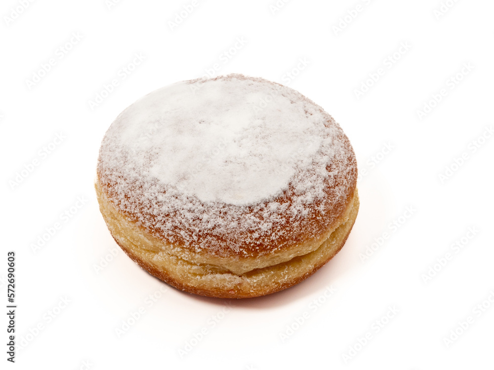 Freshly baked and dusted with powdered sugar German donuts. Donut berliner or krapfen on white background. Freshly baked and dusted with powdered sugar German donuts. Donut berliner or krapfen on white background.