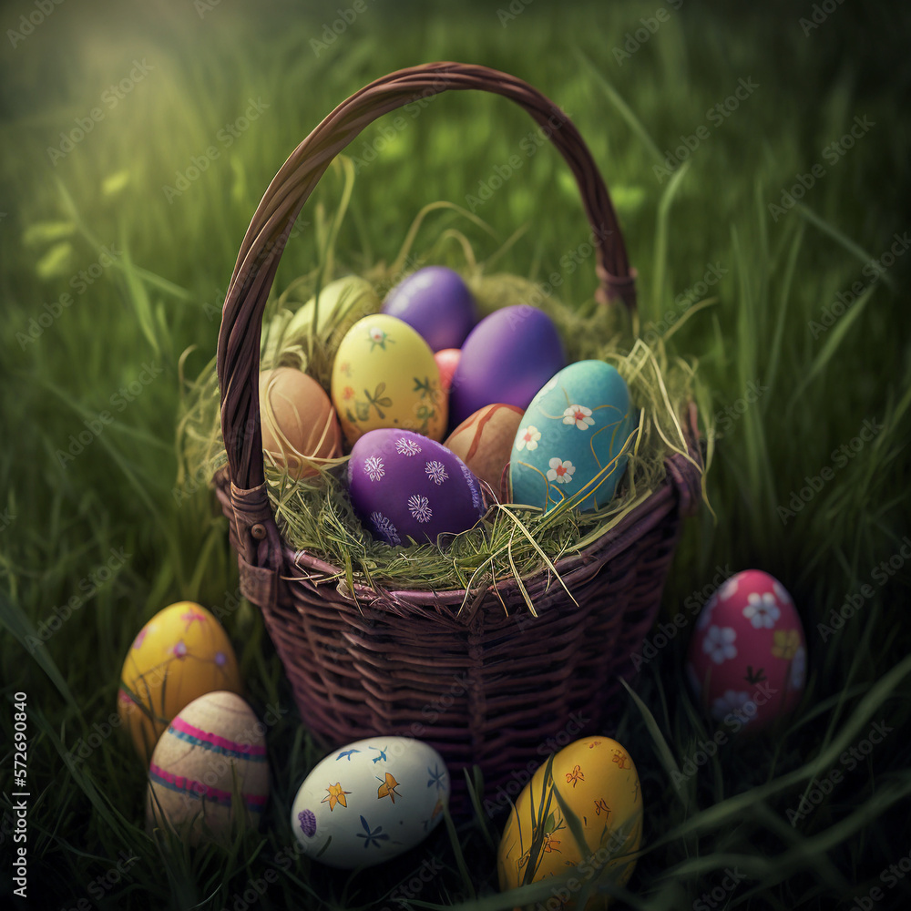 Basket with painted Easter eggs in the field among herbs and flowers. Easter design. AI generated Basket with painted Easter eggs in the field among herbs and flowers. Easter design. AI generated