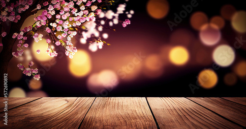 Empty wooden table with Sakura tree bokeh background. Template mock up for display of product. Generative ai.