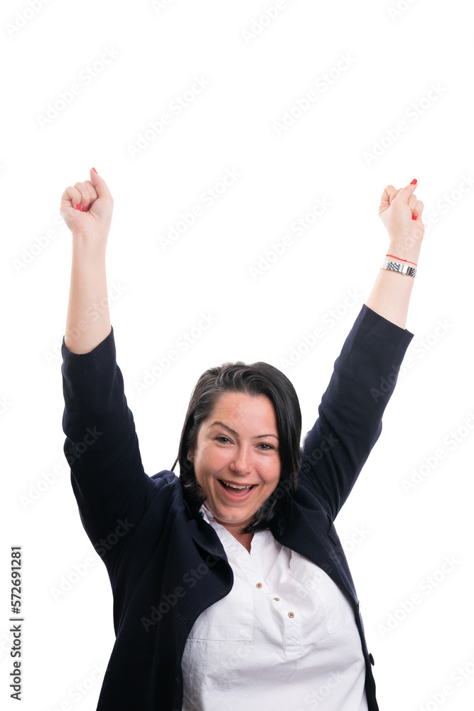 Female entrepreneur making celebrating gesture with copyspace