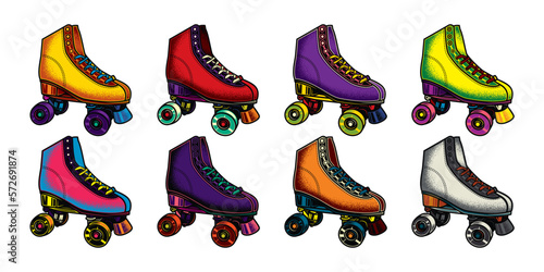 Original vector collection in neon style. Vintage roller skates. T-shirt design, design element.