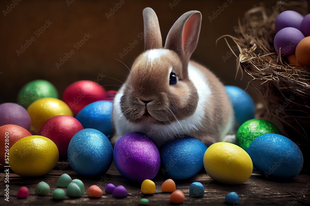 Happy Easter Bunny With Many Colorful Easter Eggs. Generative AI
