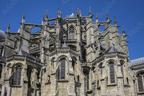 Architectural fragments of Le Mans Roman Catholic cathedral of Saint Julien (Cathedrale St-Julien du Mans, VI - XIV century). Le Mans, Pays de la Loire region in France. photo