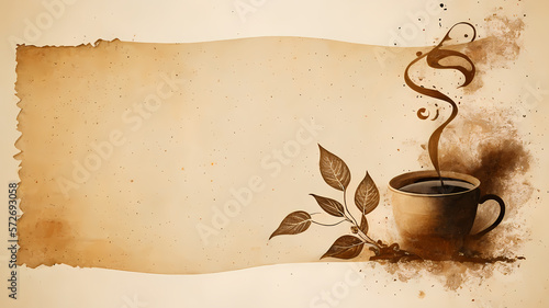 Coffee stained menu or banner with copy space for design, vertical. Illustration, AI generated. Coffee cup with steam and abstract, leafy design.
