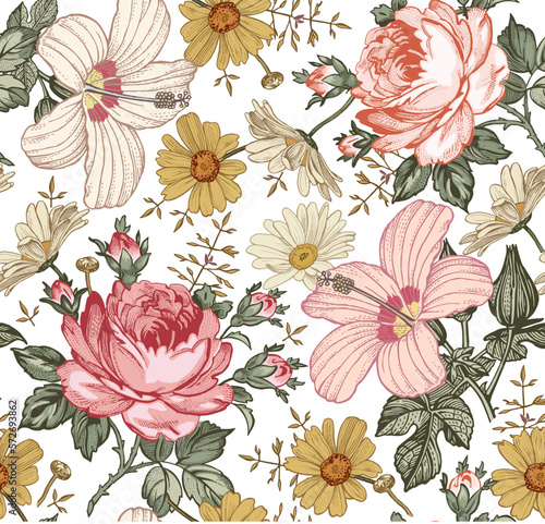 Seamless pattern. Beautiful pink blooming realistic isolated flowers. Vintage background. Set Chamomile Roses hibiscus mallow wildflowers. Wallpaper. Drawing engraving. Vector victorian Illustration