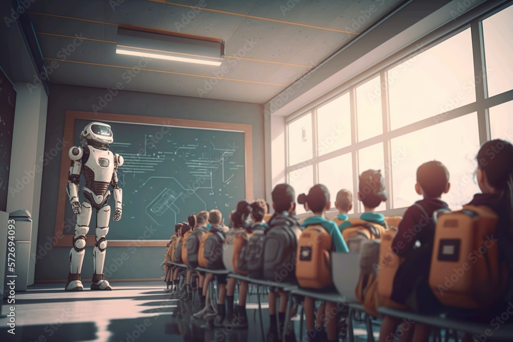 The robot teacher stands in front of the students in the auditorium of a school or college, university. ai generated.