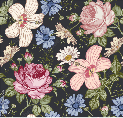 Seamless pattern. Beautiful pink blooming realistic isolated flowers. Vintage background. Set Chamomile Roses hibiscus mallow wildflowers. Wallpaper. Drawing engraving. Vector victorian Illustration