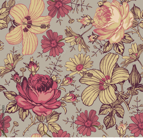 Seamless pattern. Beautiful pink blooming realistic isolated flowers. Vintage background. Set Chamomile Roses hibiscus mallow wildflowers. Wallpaper. Drawing engraving. Vector victorian Illustration