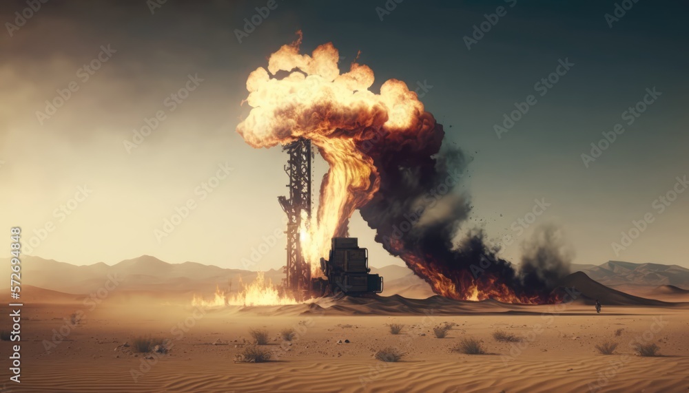 Burning oil rig pump in the desert: Implications for energy crisis and ...