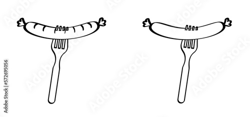 Cartoon bratwurst, hot dog, sausage on fork. Fast food icon. Sausages logo. Barbecuing, bbq snacks symbol. Junk foods.