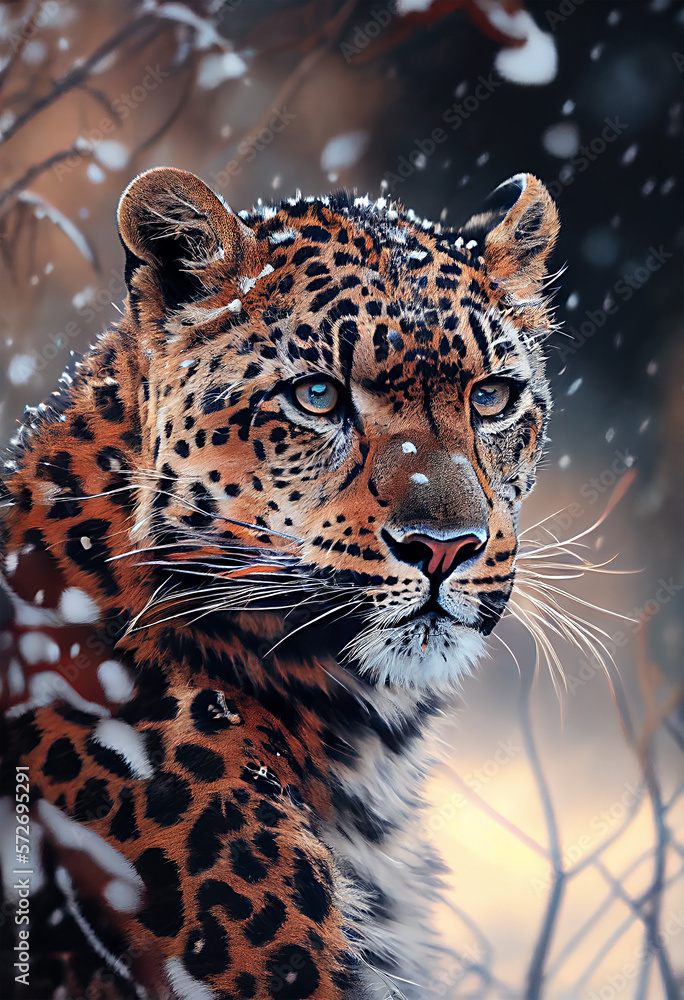 Obraz premium Portrait of a leopard in the snow. Generative AI