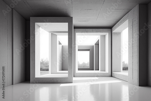 Abstract modern architecture background, empty white open space interior with windows and gray concrete walls, 3d illustration Generative AI © Nataliia