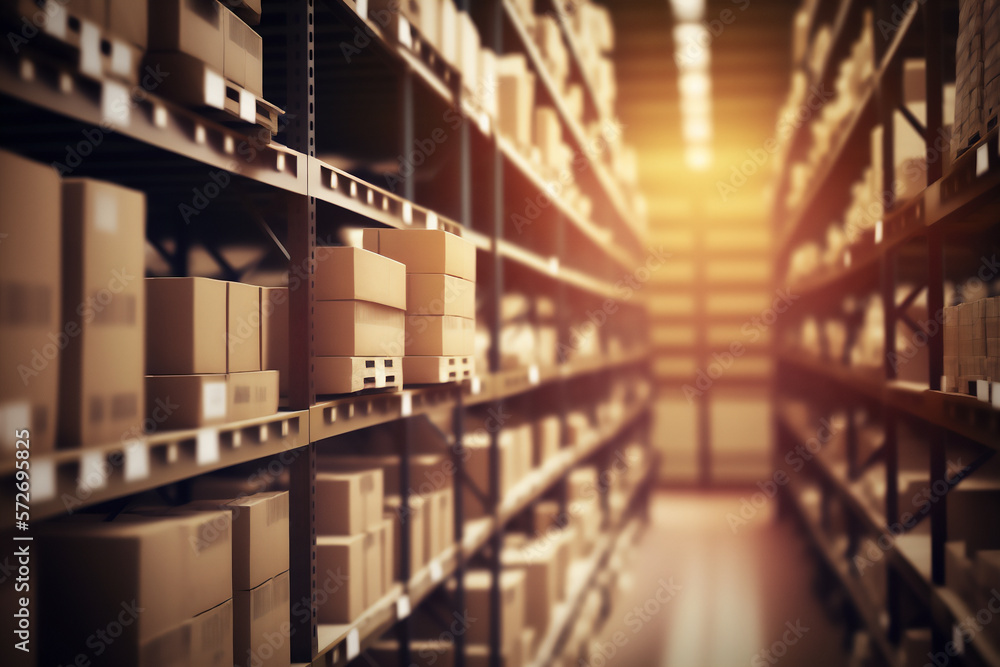 Gnerative ai image of a large warehouse full of iron shelves with brown cardboard boxes