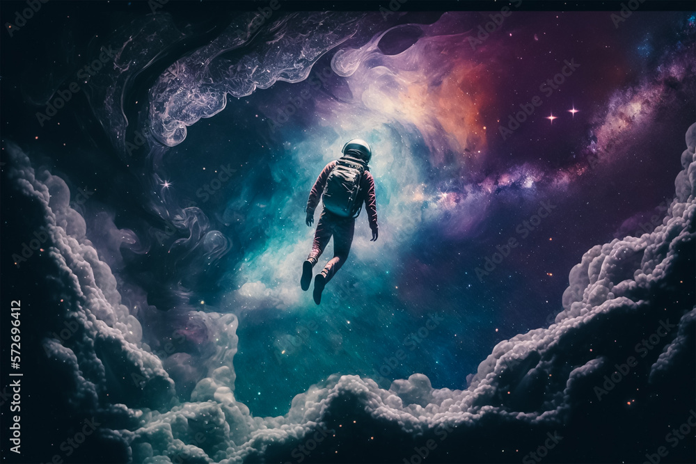 A man flying in the simulation of the galaxy without gravity. Generative AI A man flying in the simulation of the galaxy without gravity. Generative AI
