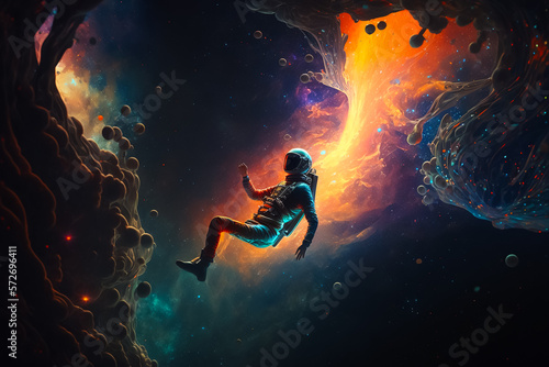 A man flying in the simulation of the galaxy without gravity. Generative AI © Brijesh