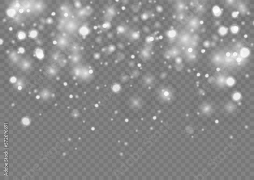 Fine, shiny dust particles fall off slightly.Winter background of snowflakes blown by the wind on a white transparent background.