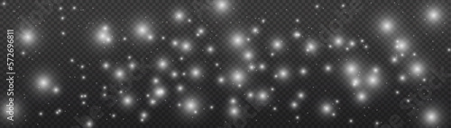 Fine, shiny dust particles fall off slightly.Winter background of snowflakes blown by the wind on a white transparent background.