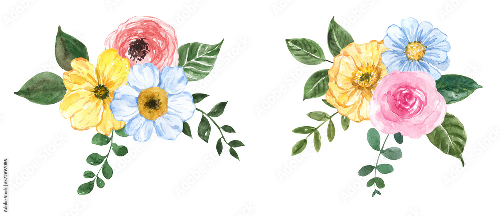 Pretty floral bouquets. Watercolor illustration. Two arrangements feature painted flowers and leaves. Botanical painting. PNG clipart.