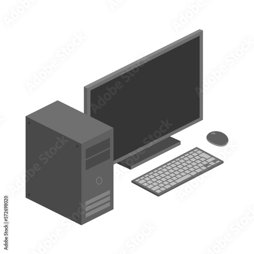 斜めから見たデスクトップPCのフラットイラスト