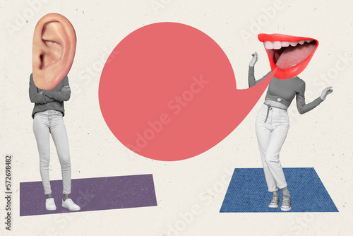 Creative collage illustration of two black white effect people big ear mouth instead head communicate isolated on drawing background