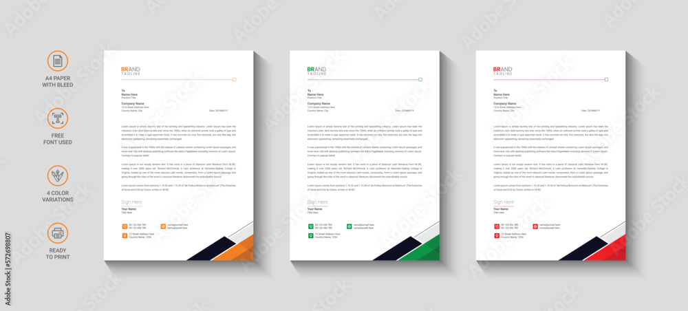 Business letterhead, Letterhead template with various colors, Letterhead template in flat style