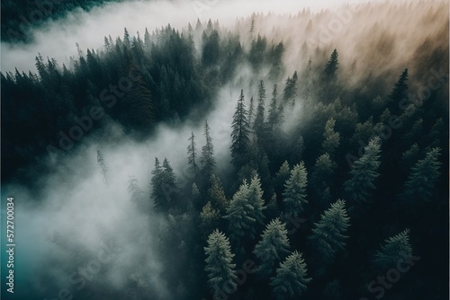 A beautiful view of the pine forest in the fog from a bird's eye view. Nature early in the morning, greenery, Christmas tree, ecology, pine, sunrise, clean air, white thick fog. illustration AI © Павел Озарчук