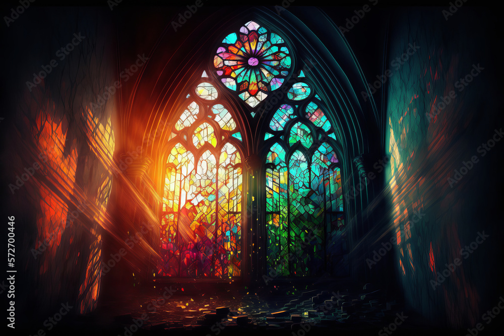 Generative AI illustration of vibrant stained glass window of cathedral ...