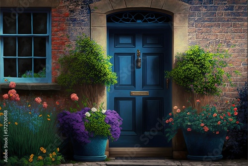 A beautiful blue door to a house among flowers and green plants. Beautiful exterior for the house, spring flowers, bright colors. Illustration in high quality. Generative AI