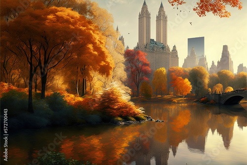 Central Park in spring. Predominance of warm colors, a comfortable atmosphere, a place for a walk with a dog, an urban landscape. Illustration in high quality. Generative AI photo
