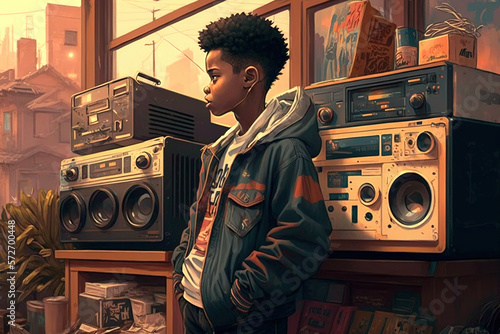 An anime-style boy in front of a vintage lo-fi sound system, generative AI