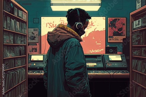 A lofi hip hop music producer wearing headphones and standing in a music studio, generative ai