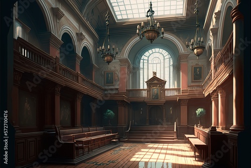 Entrance hall in Gothic style. Ceiling candelabra, luxurious view, two-story building, paintings, wood panelling. Illustration in high quality. Generative AI © Павел Озарчук