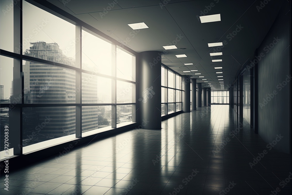 Corridors in an office building. The building is in the Art Nouveau style, comfortable environment, the predominance of dark colors. Illustration in high quality. Generative AI Corridors in an office building. The building is in the Art Nouveau style, comfortable environment, the predominance of dark colors. Illustration in high quality. Generative AI