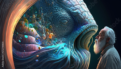 Jonah being swallowed by the whale, with fish and bubbles around him. Old Testament biblical passage