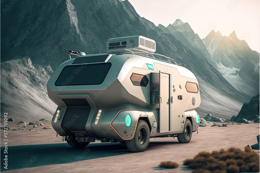 Futuristic van in the deep forest. Future technology, cyberpunk, bright colors, neon, luxury design. Illustration in high quality. Generative AI