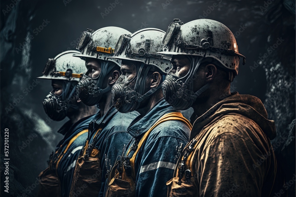 A group of miners in helmets work in the mine. Hard work, black background, minerals, mines. Illustration in high quality. Generative AI A group of miners in helmets work in the mine. Hard work, black background, minerals, mines. Illustration in high quality. Generative AI