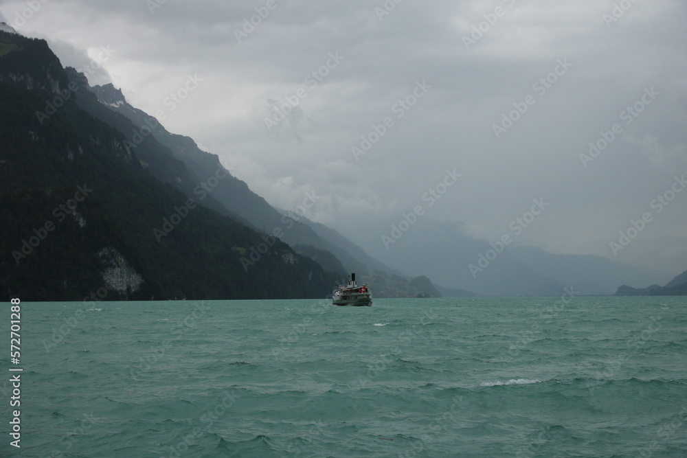 Boat in stormy weather at Lake Brienz.