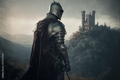 Medieval knight in front of a castle on a rock. Fantasy, full knight armor, dark tones, gothic style. Illustration in high quality. Generative AI