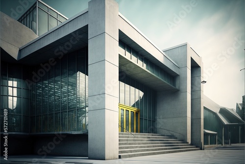Entrance to an office building in the architectural modern style. Dark shades, steps, panoramic windows, Illustration in high quality. Generative AI