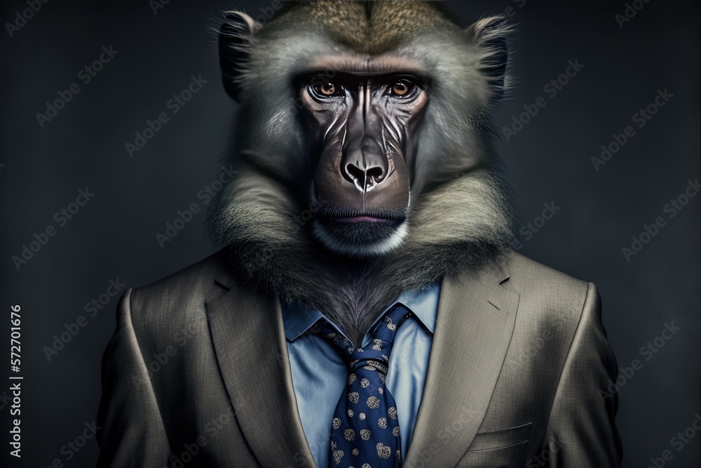 Baboon in a formal suit on a gray background. Animals, serious look, funny pictures, concept idea. Illustration in high quality. Generative AI Baboon in a formal suit on a gray background. Animals, serious look, funny pictures, concept idea. Illustration in high quality. Generative AI