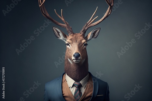 Deer in a jacket suit on a gray with a tie background close up. Animals, serious look, funny pictures, concept idea. Illustration in high quality. Generative AI