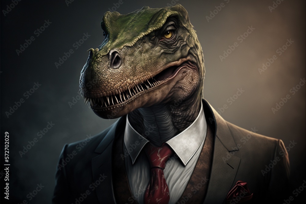 Tyrannosaurus in a jacket suit on a gray with a tie background close up. Animals, serious look, funny pictures, concept idea. Illustration in high quality. Generative AI Tyrannosaurus in a jacket suit on a gray with a tie background close up. Animals, serious look, funny pictures, concept idea. Illustration in high quality. Generative AI