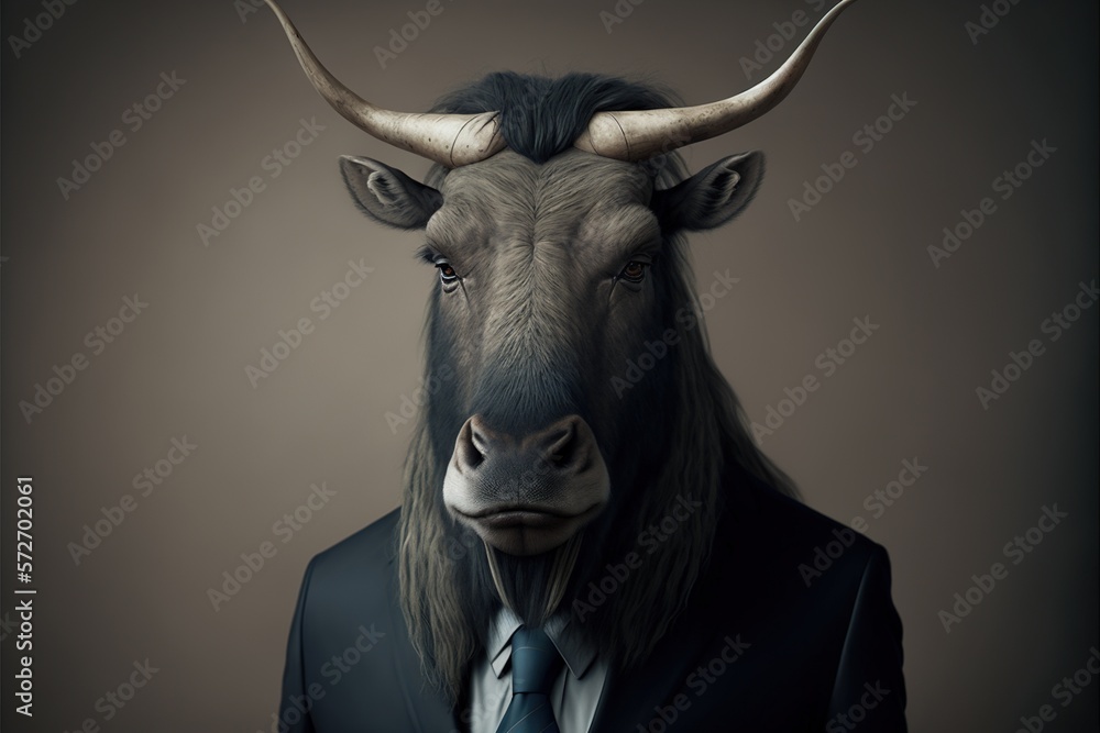 Buffalo in a formal suit on a gray background close up. Animals, serious look, funny pictures, concept idea. Illustration in high quality. Generative AI Buffalo in a formal suit on a gray background close up. Animals, serious look, funny pictures, concept idea. Illustration in high quality. Generative AI