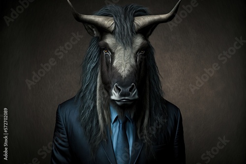 Buffalo in a formal suit on a gray background close up. Animals, serious look, funny pictures, concept idea. Illustration in high quality. Generative AI
