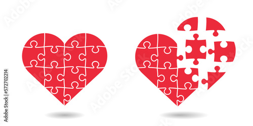Broken heart. Disassembled heart from puzzle pieces. Concept of unrequited love and romantic relationships. Vector illustration for Valentine's Day.