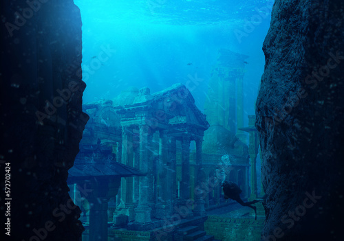 A scuba diver discovers the lost city of Atlantis conceptual theme. photo
