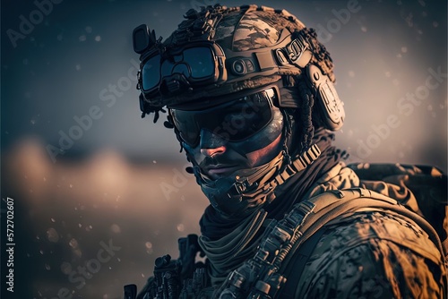 Elite soldier in a closed helmet. Military conflict, a soldier in a full camouflage suit, the predominance of green colors, art. Illustration in high quality. Generative AI