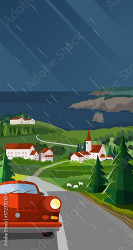 Retro car in the rain moves along the road against the backdrop of a landscape of a green valley and the sea. Vector illustration